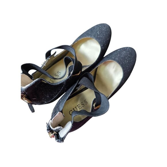 Guess Black Glitter Fabric Platform Heels With Back Zipper & Ankle Strap 8.5M - Picture 14 of 16